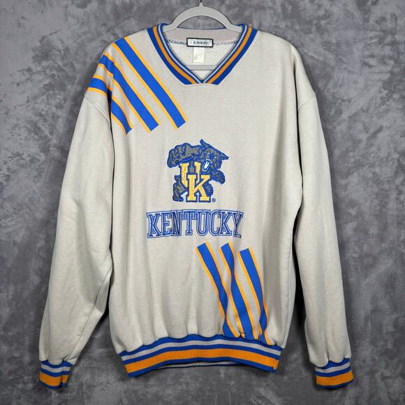 Vintage Kentucky Wildcats Conic V-Neck Sweater Beige Blue Gold Faded Tag L/XL - Picture 1 of 4